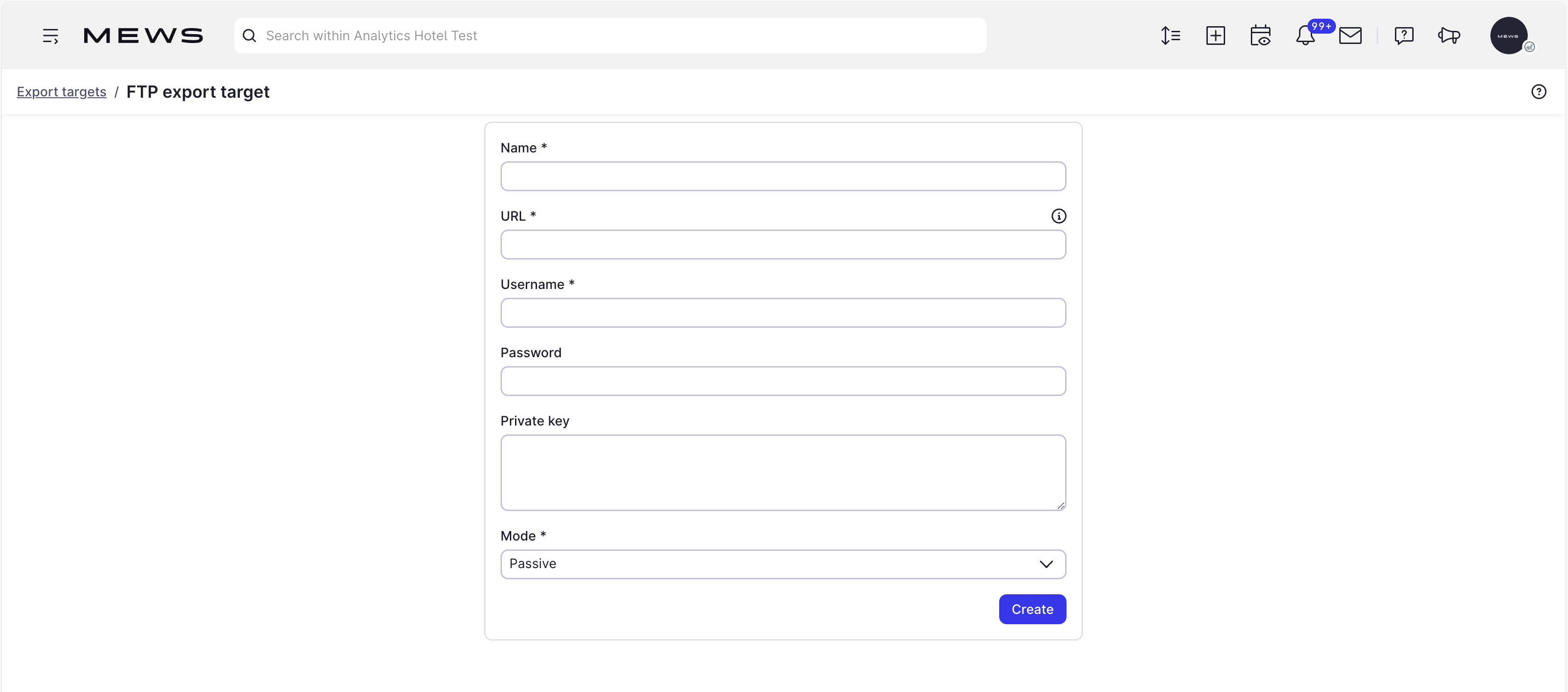 Create FTP export target screen