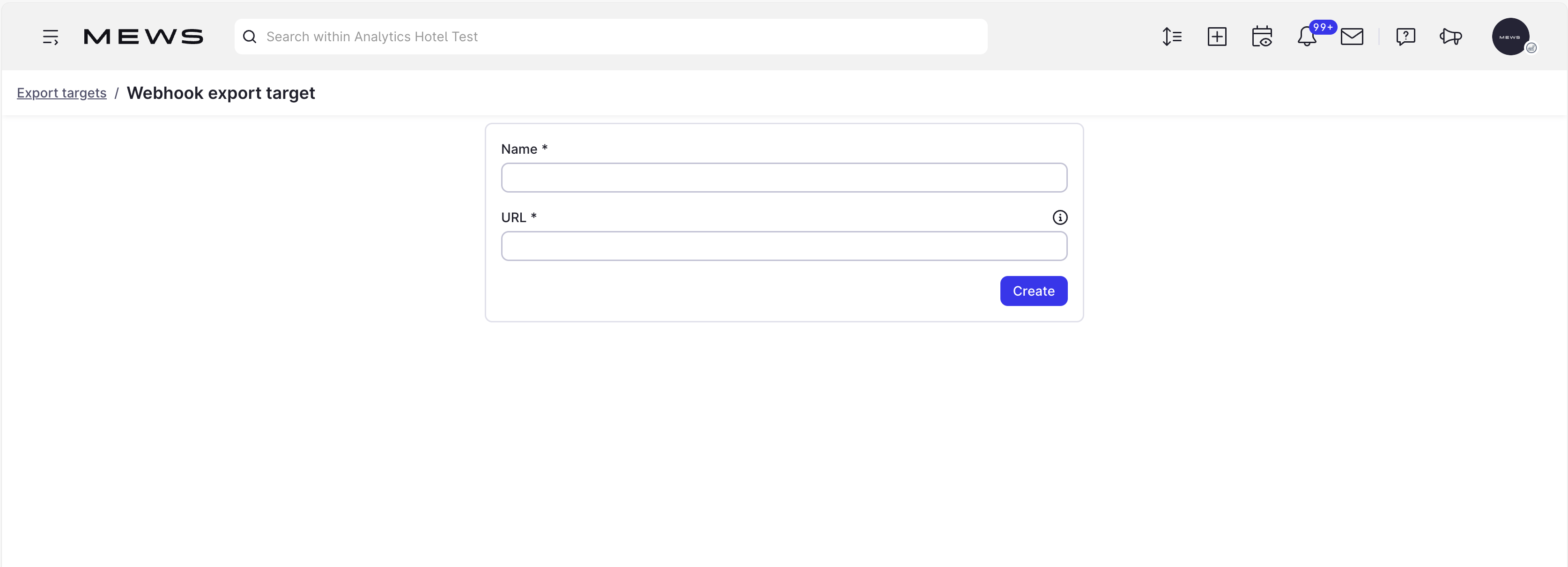 Create webhook export target screen