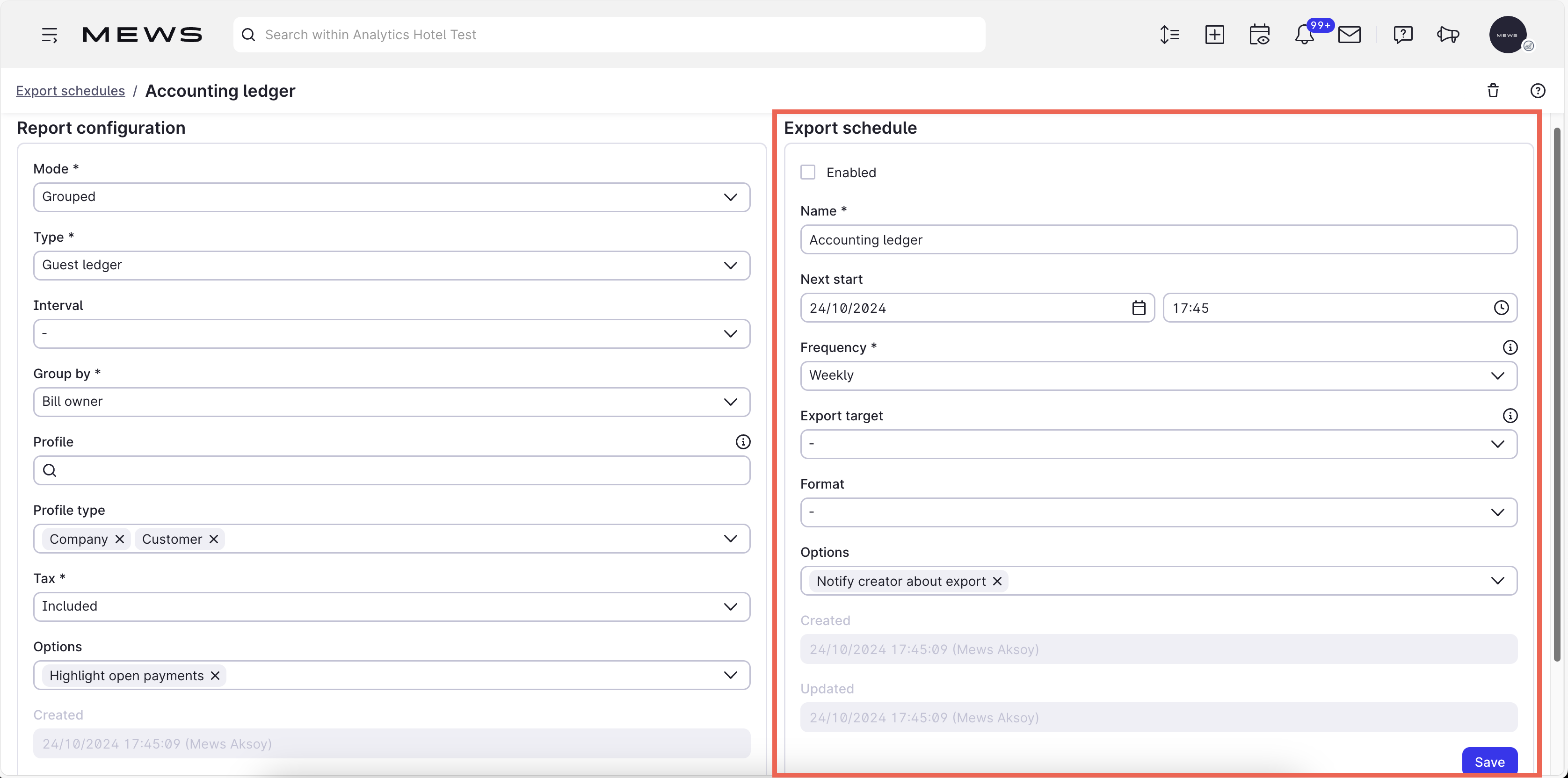 Report configuration export schedule