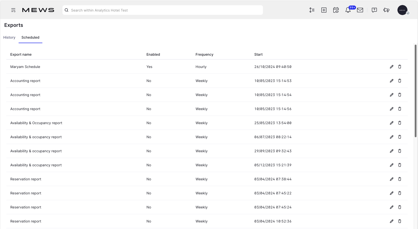 Scheduled tab exports screen