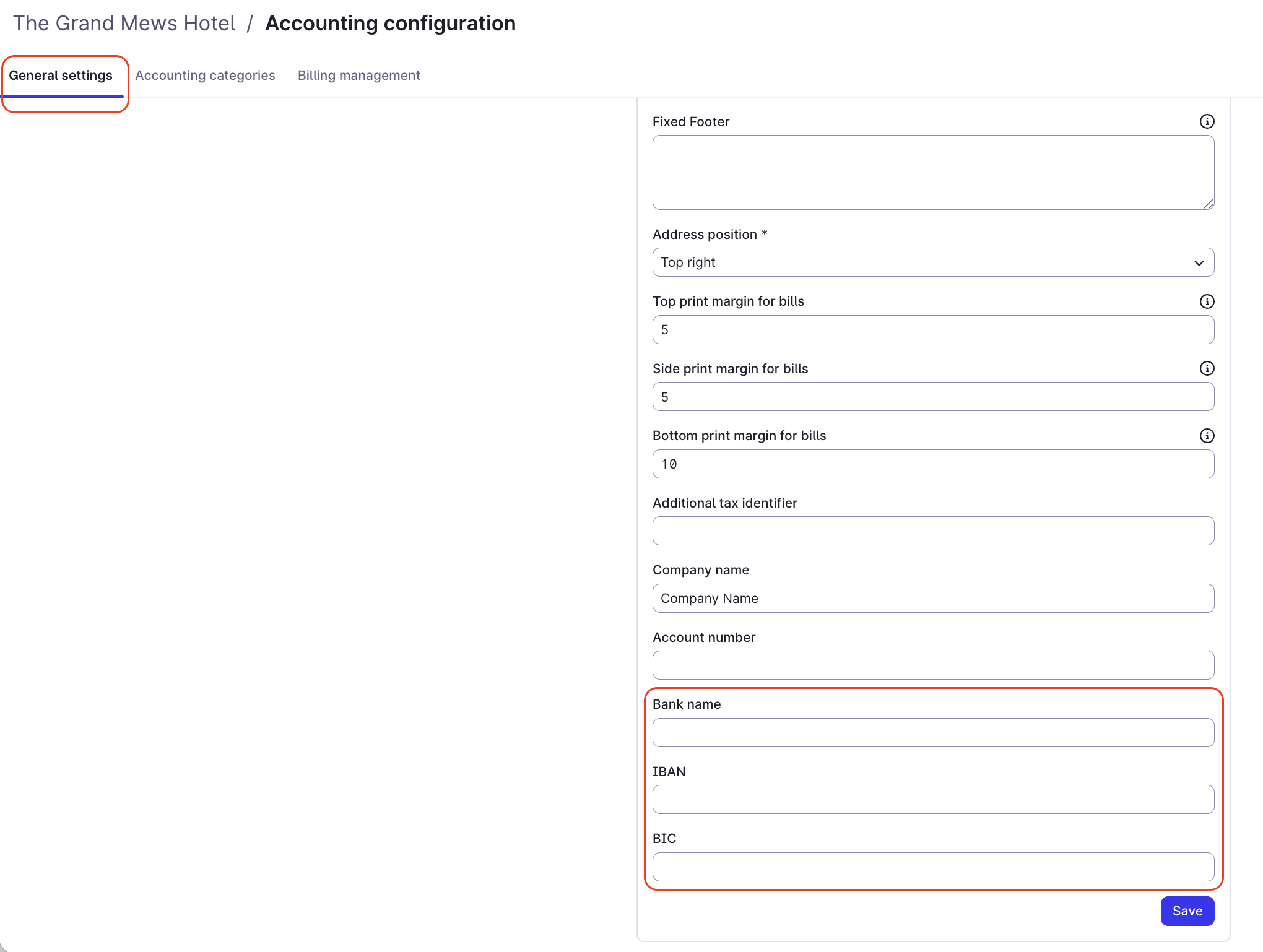 General settings screen