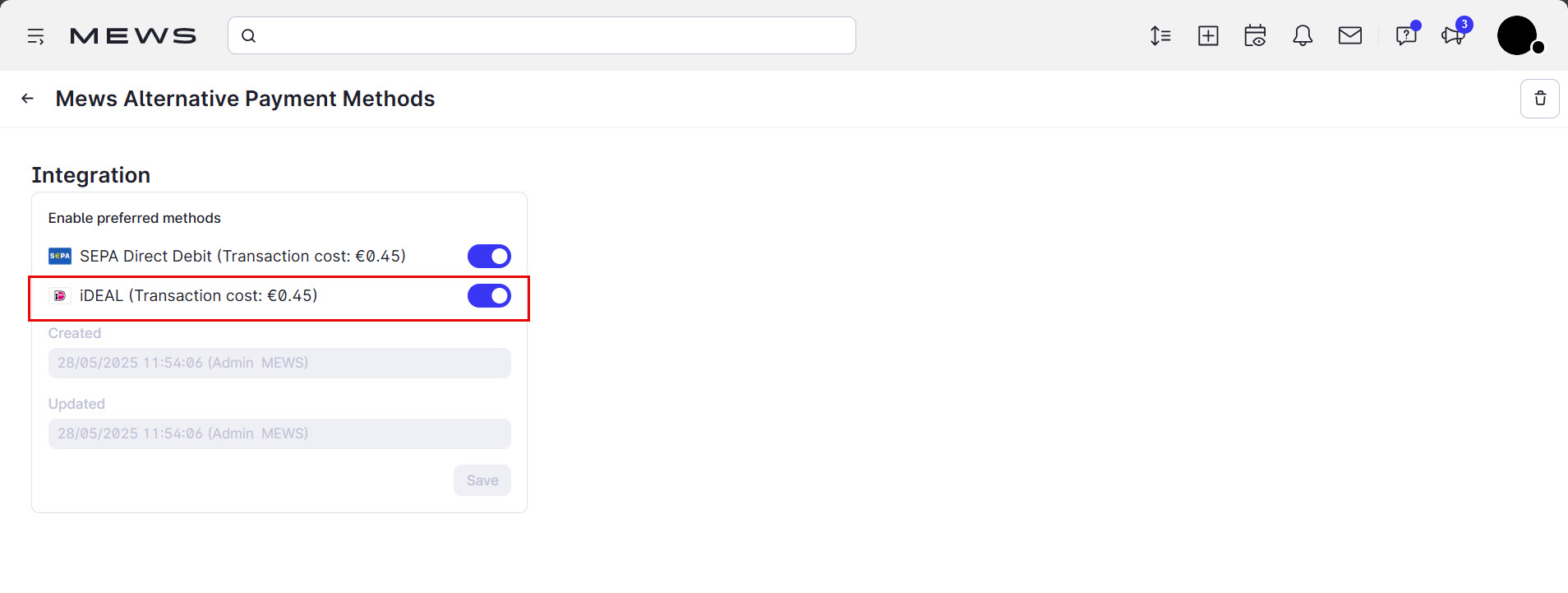 The mews alternative payment methods integration edit screen. A red box highlights the iDEAL preferred payment method. The slider switch is toggled on.