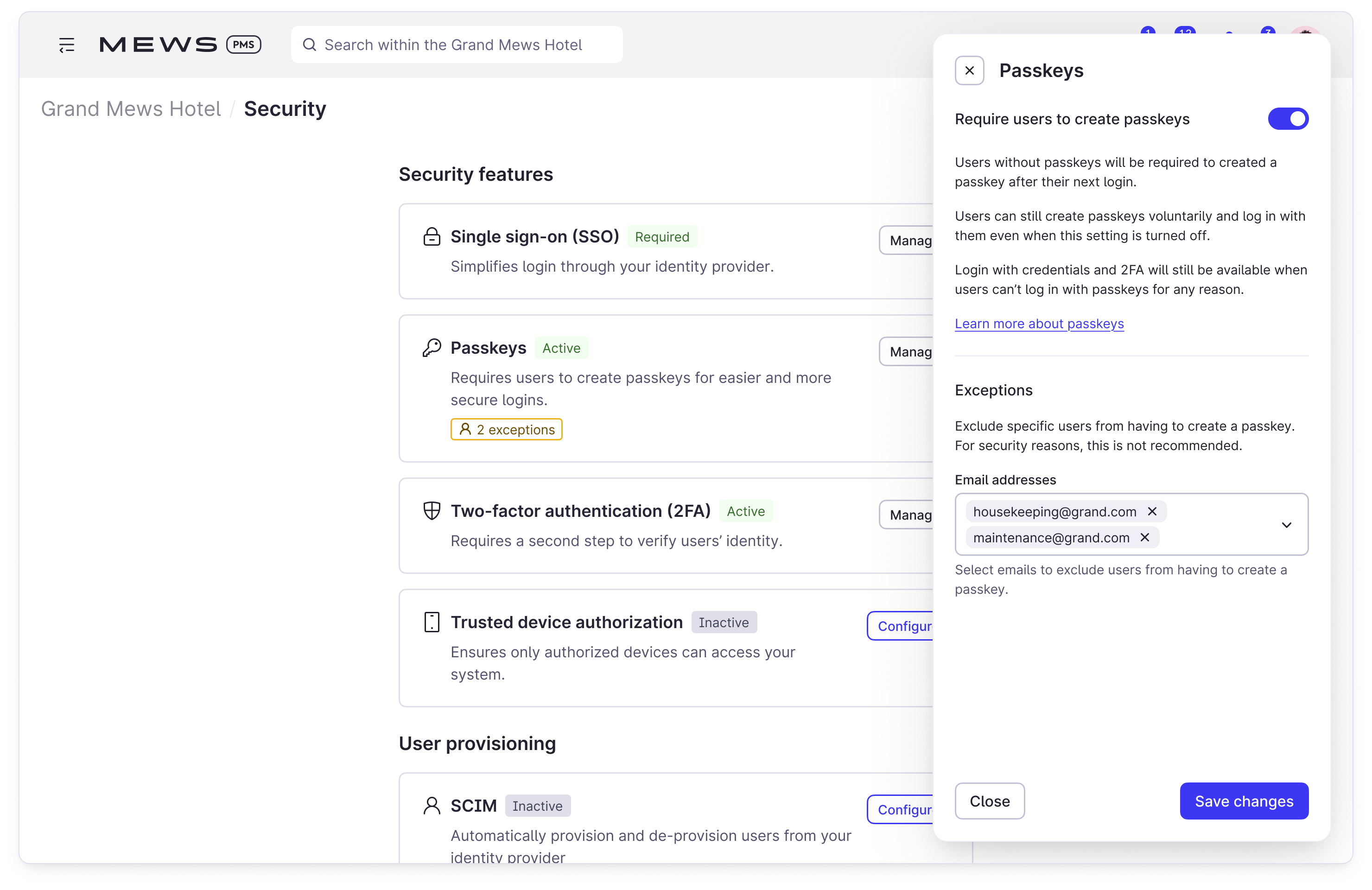 Passkey configuration screen