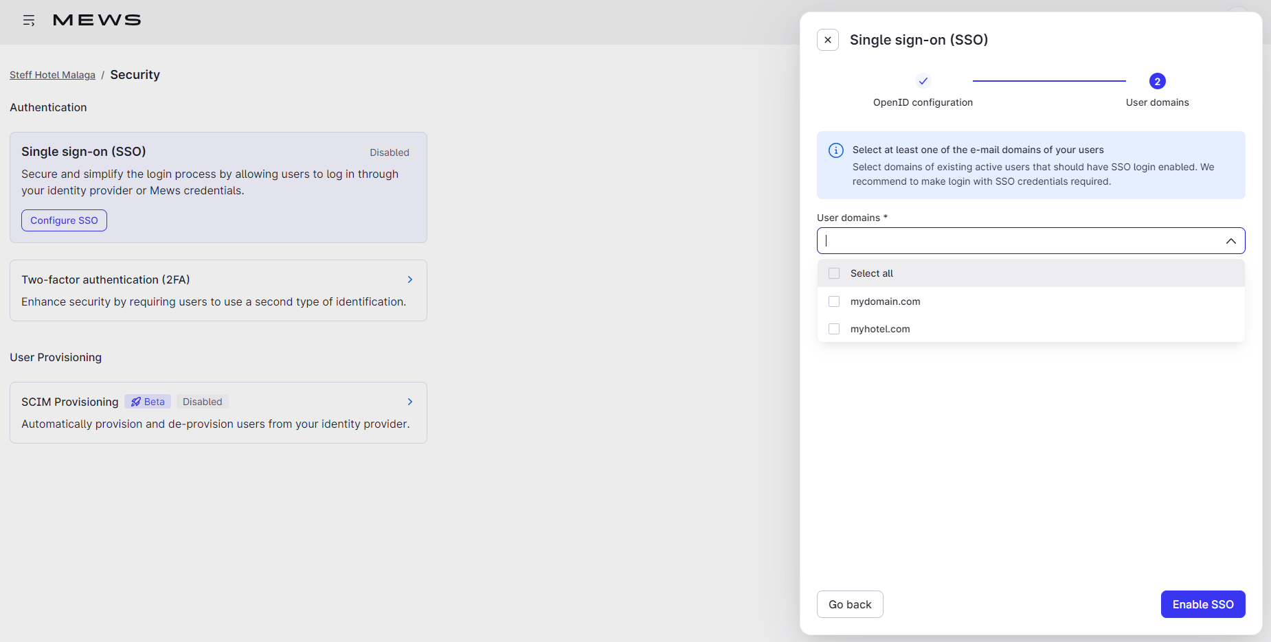 User domains dropdown - Open ID configuration