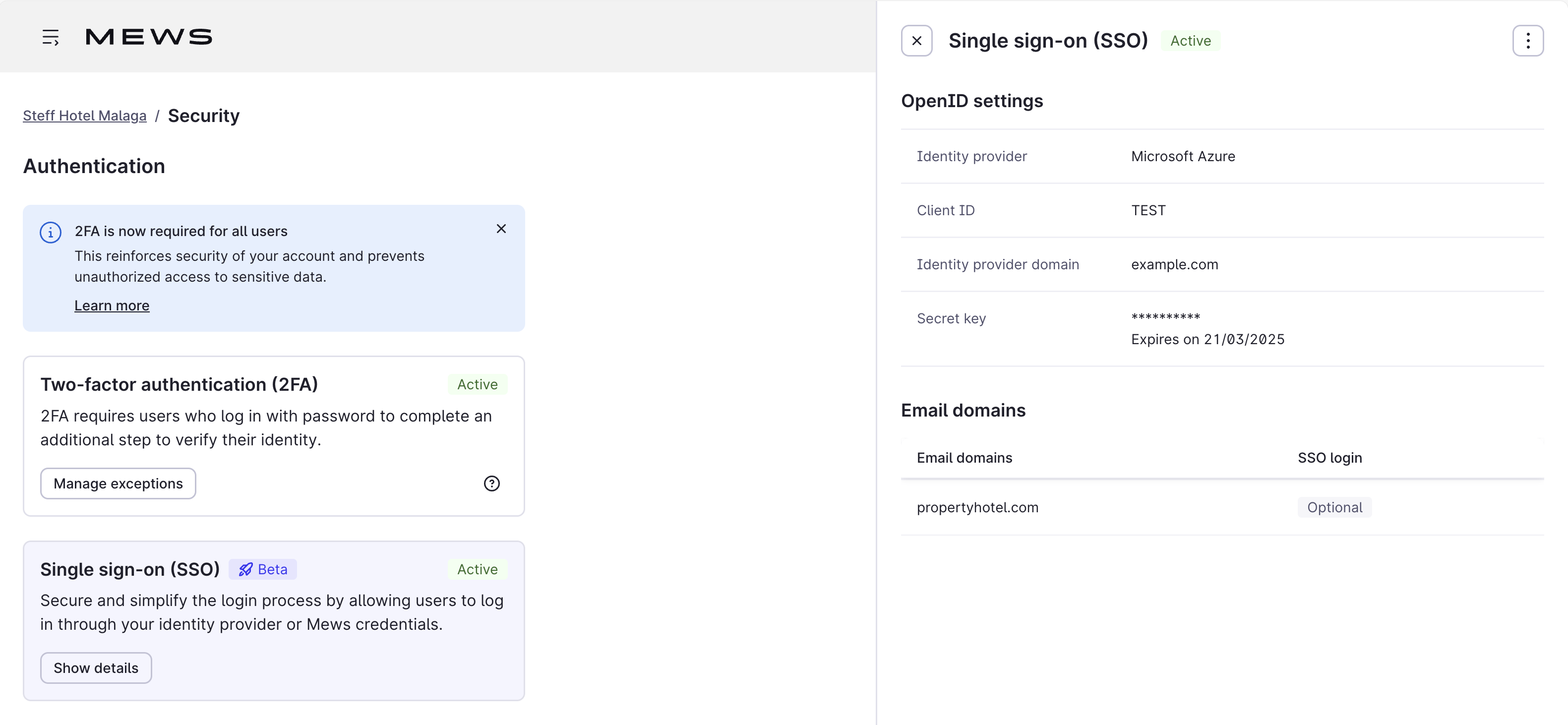 Single sign-on SSO settings screen - view details