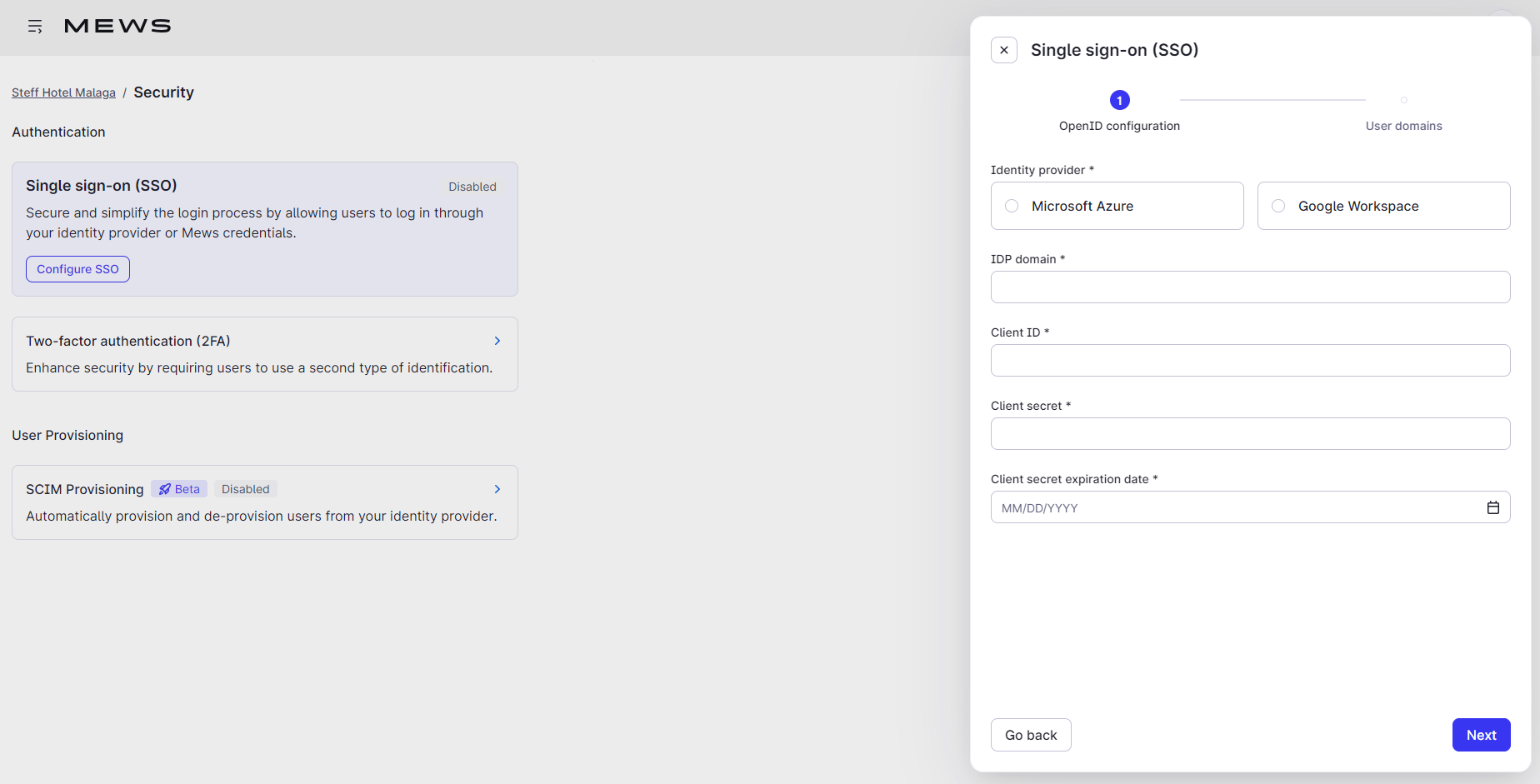 Security screen - configure SSO