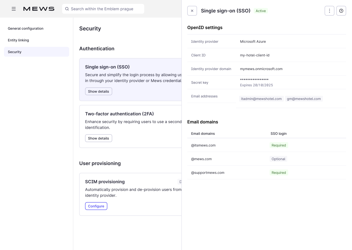 SSO settings side panel