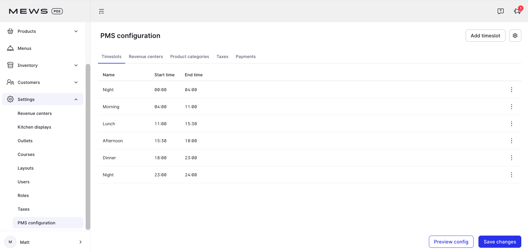 PMS configuration screen Mews POS