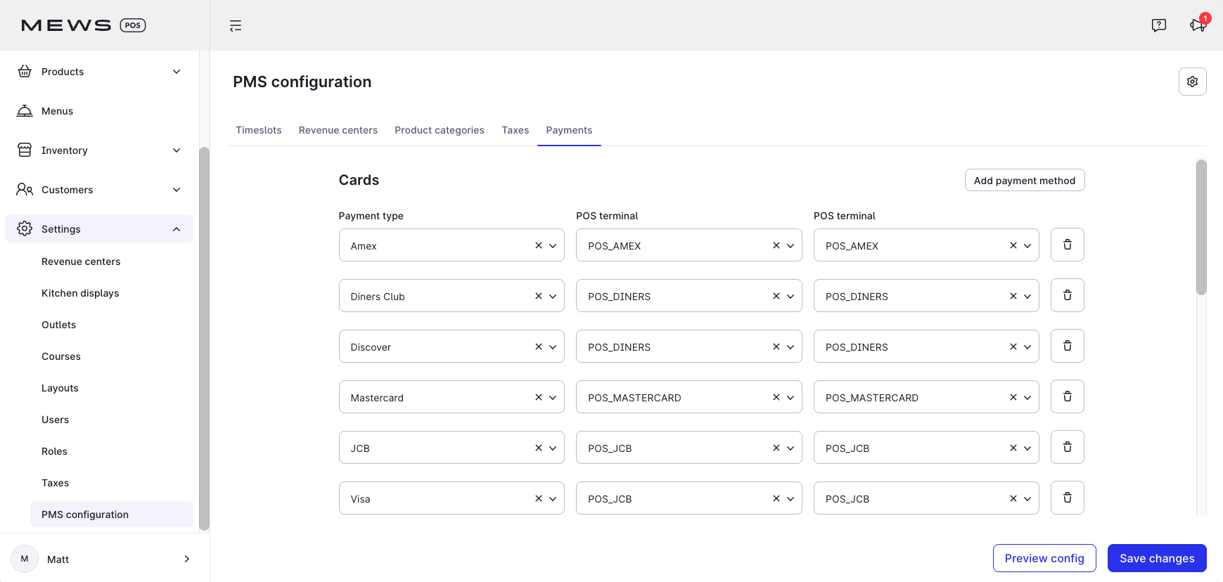 payments tab - pms configuration