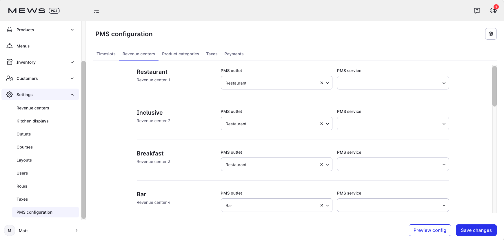 revenue centers tab - pms configuration