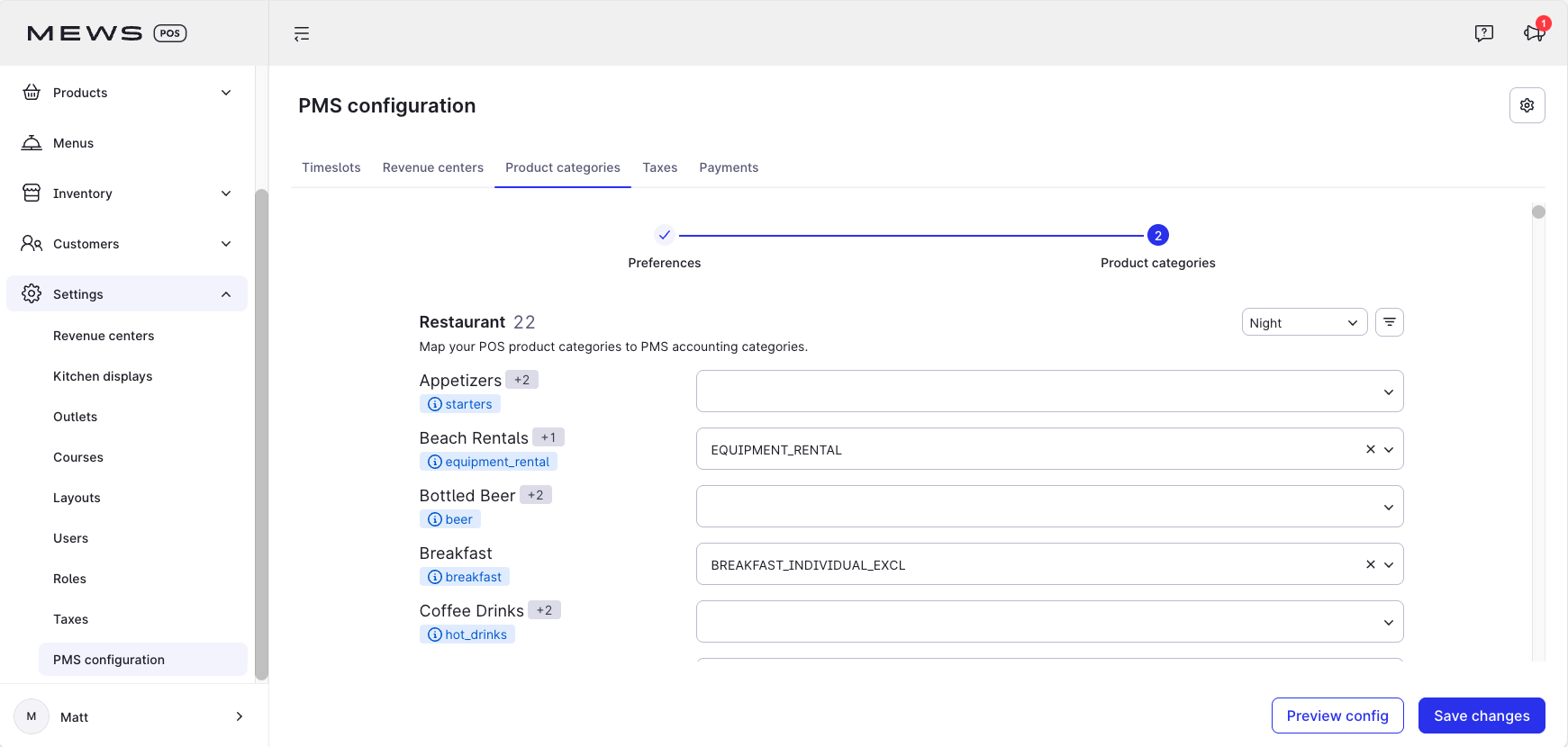 product categories tab - pms configuration