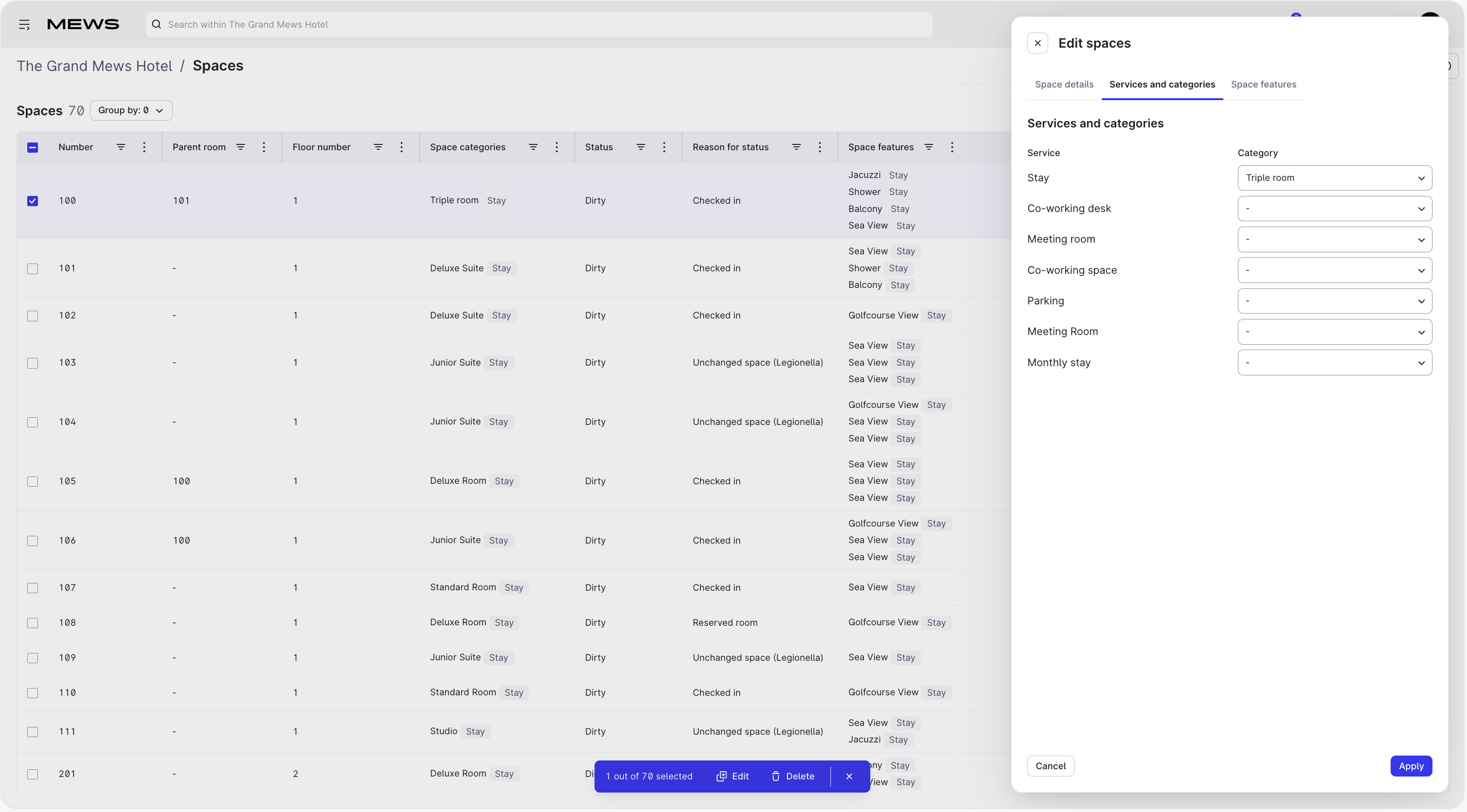 Space category screen in Mews Operations.