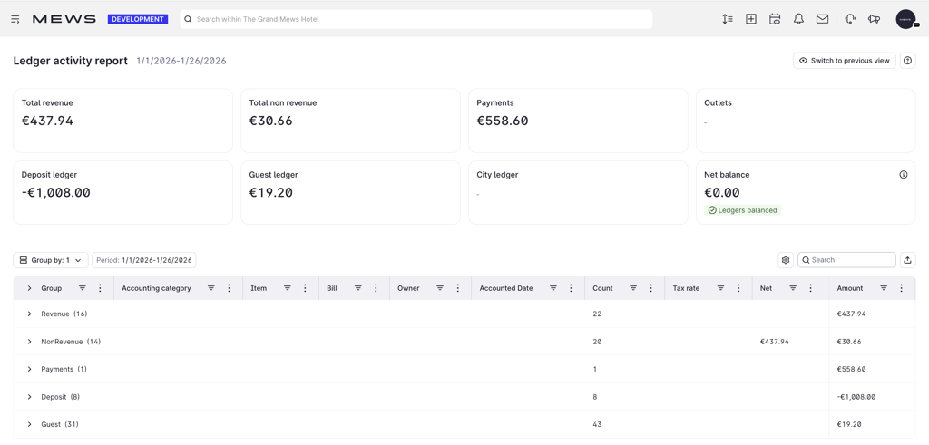 Ledger activity report screen in Mews Operations