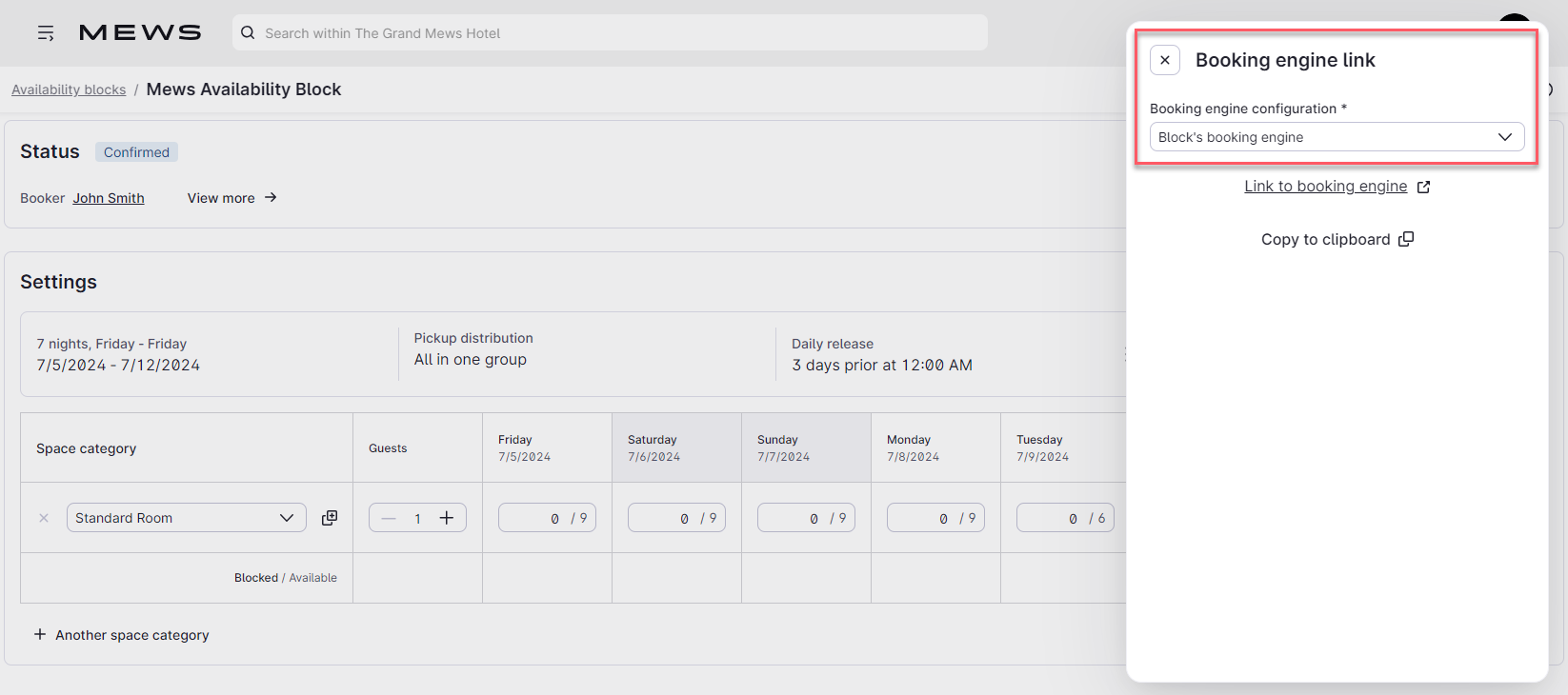 The Status view of an availability block screen in Mews Operations with the Booking engine view opened