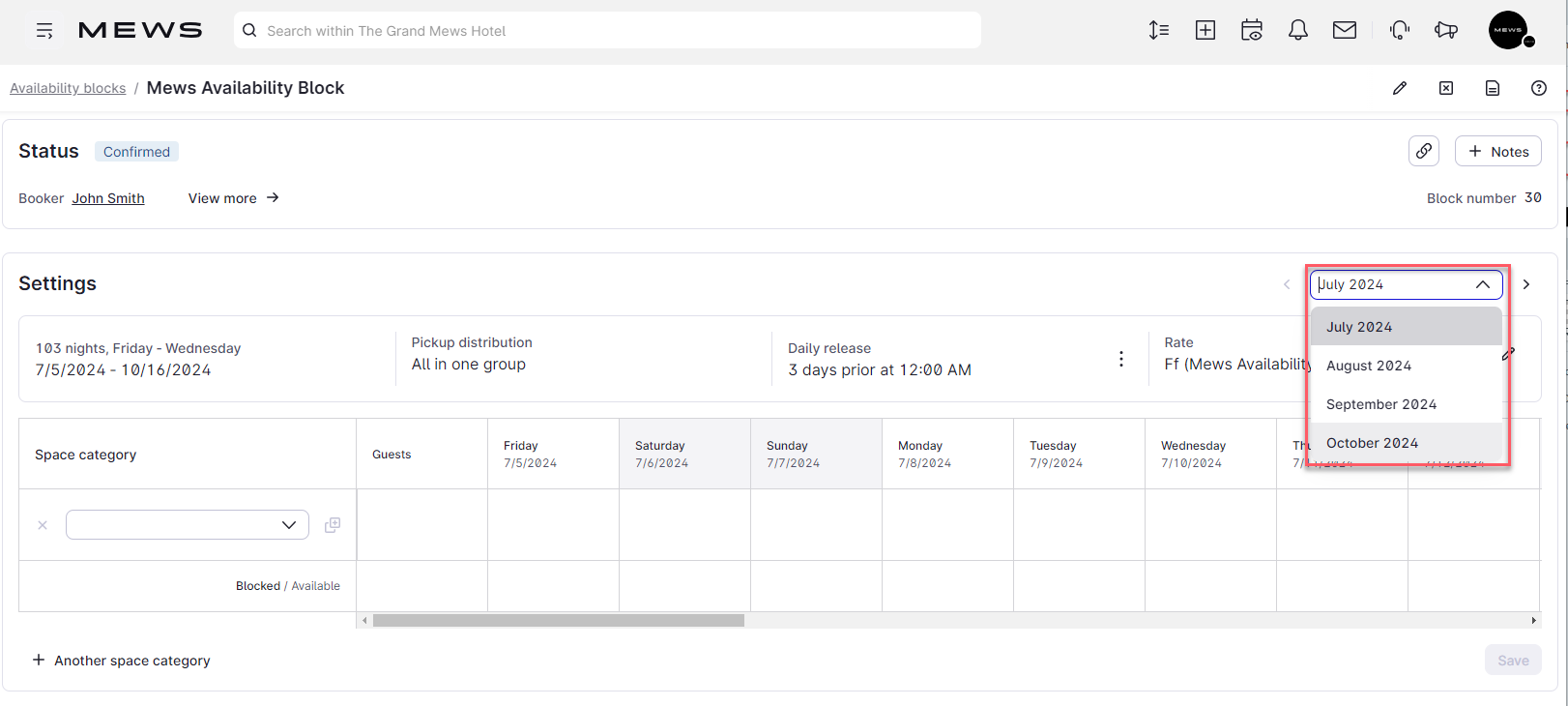 The Status view of an availability block screen in Mews Operations with a highlighted calendar month picker