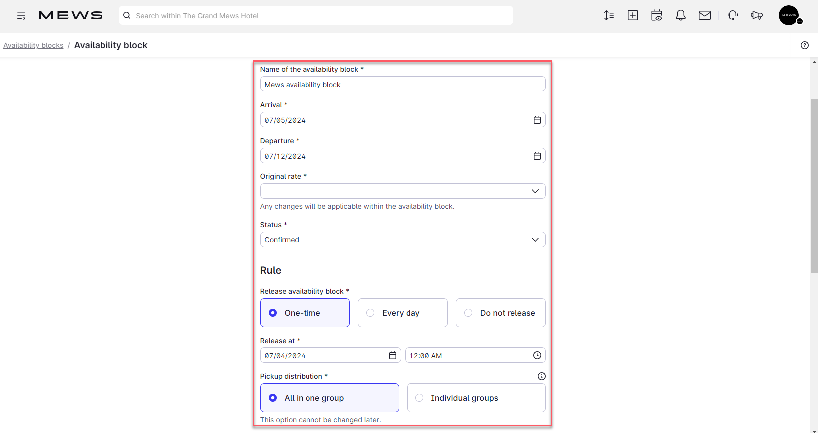 The settings screen for a new availability block in Mews Operations with configurable options