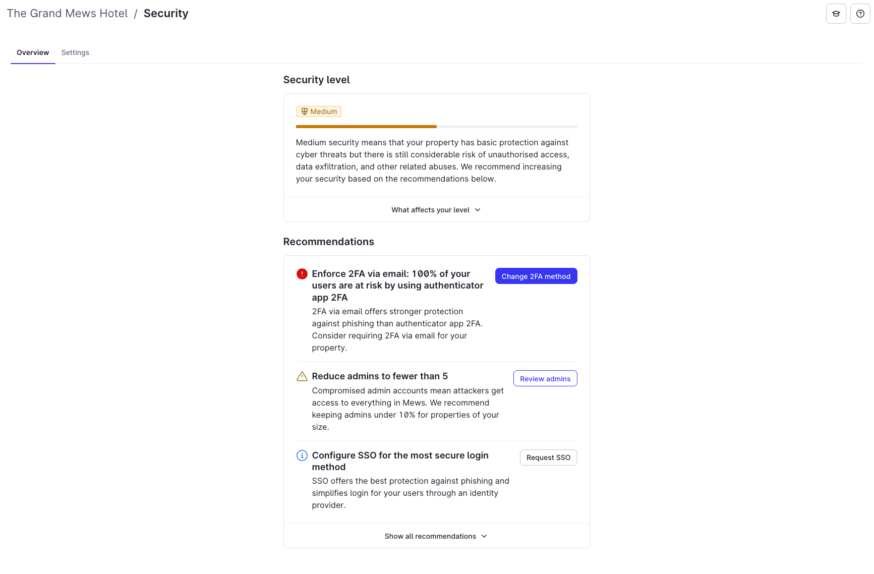 Security recommendations screen