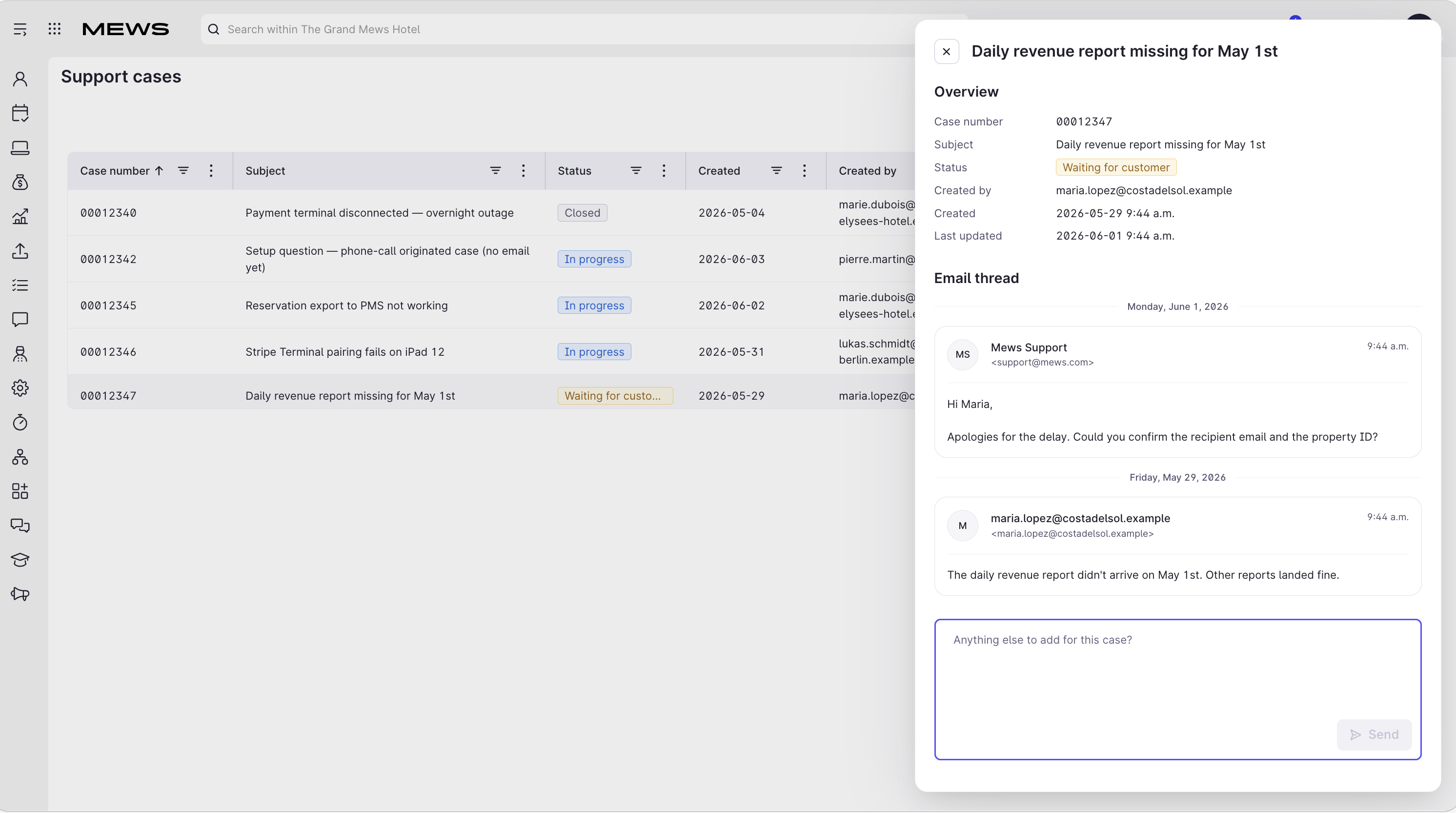 Support cases screen