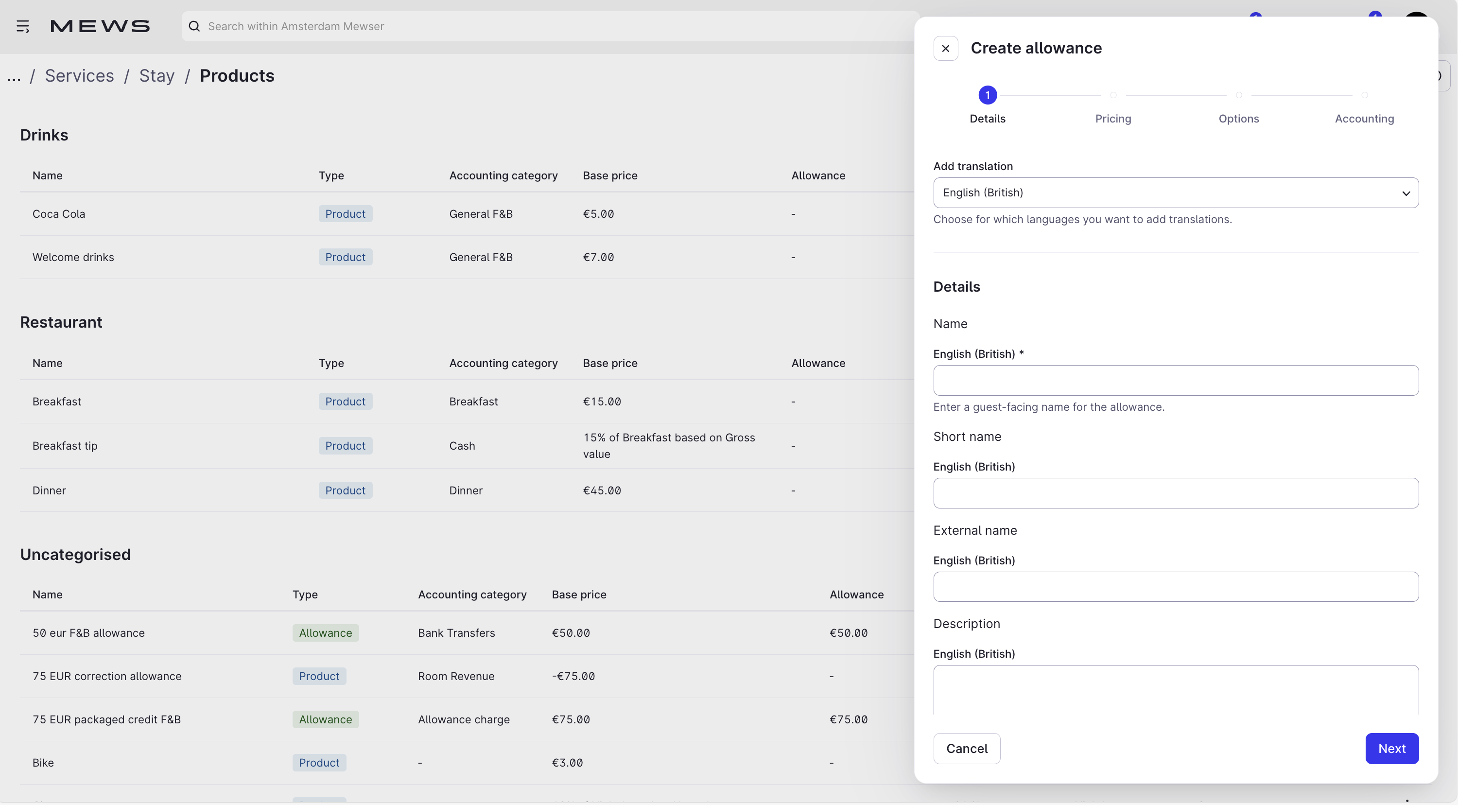 Create an allowance screen in Mews Operations