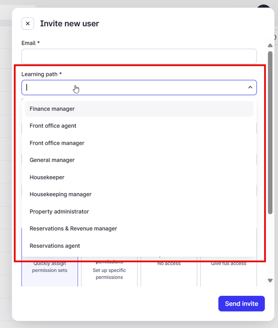 The new user invite screen, a red box highlights the dropdown menu of learning paths.