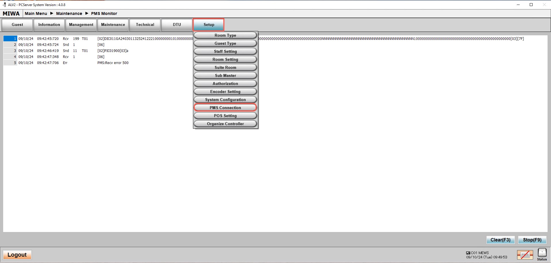De knop 'PMS Connection' in MIWA ALV2