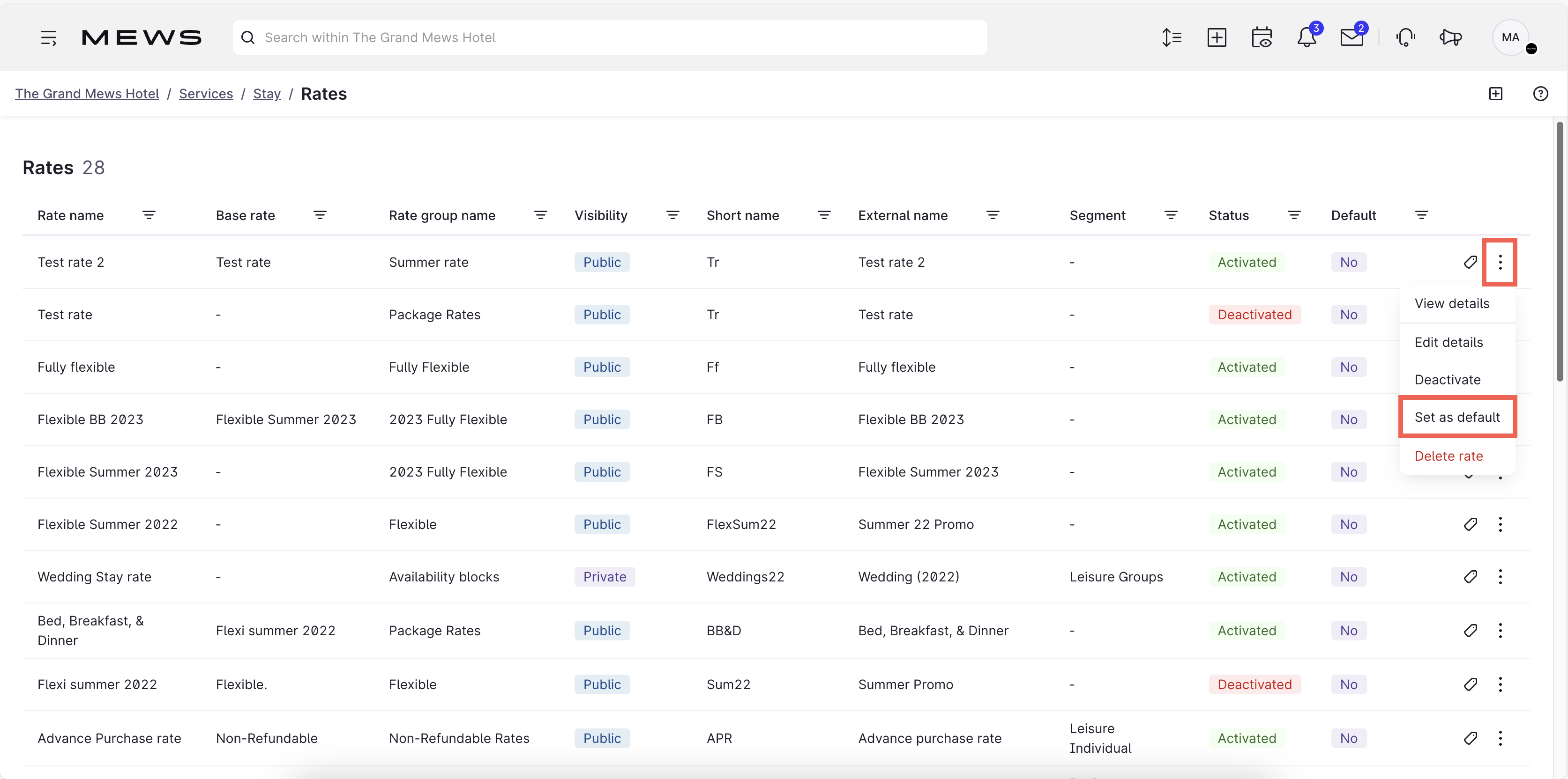 Set as default rates screen dropdown