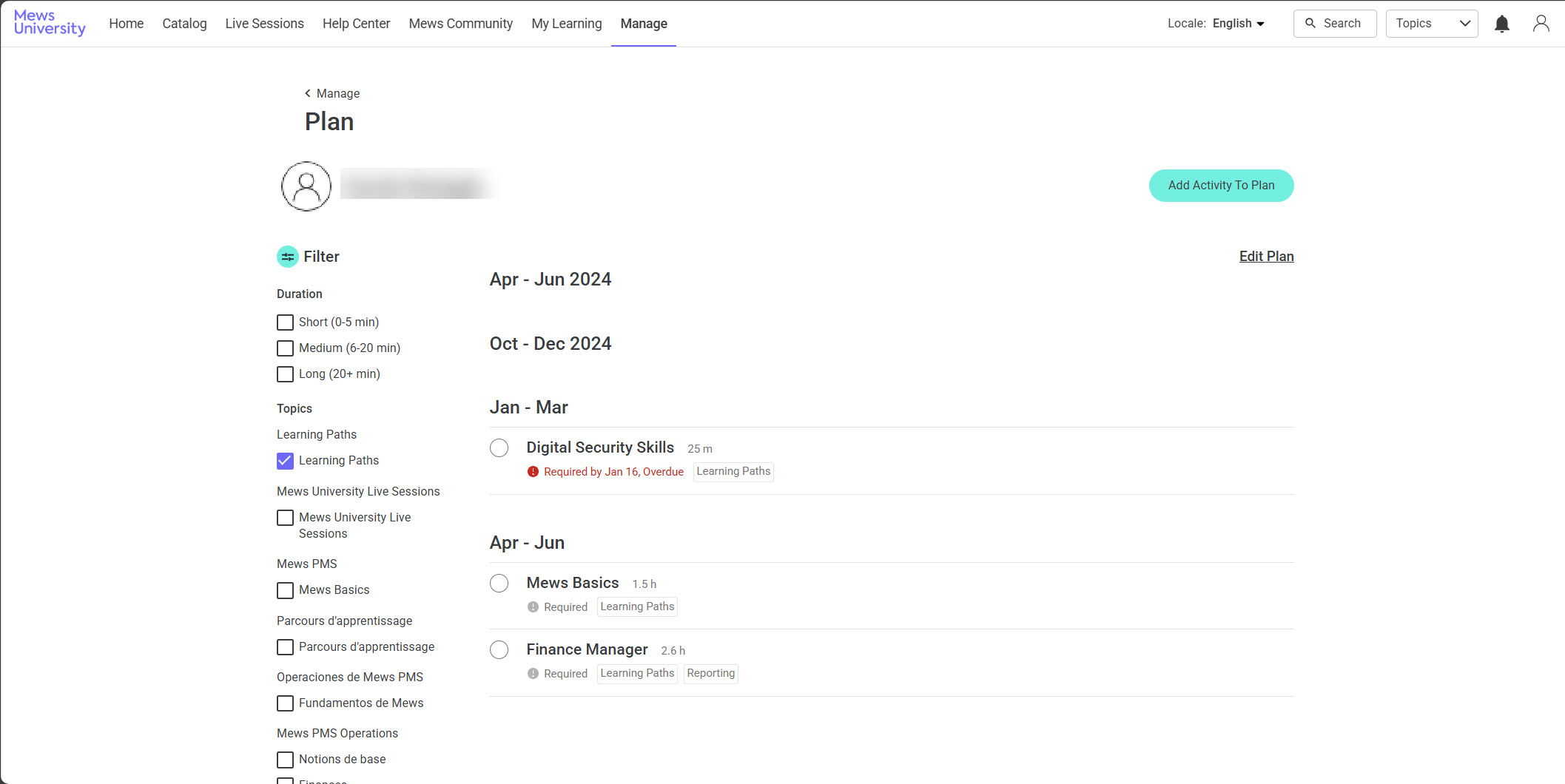 The manage plan screen of a user.