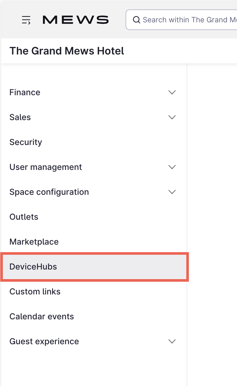 Position des Mews Operations DeviceHubs-Menüs