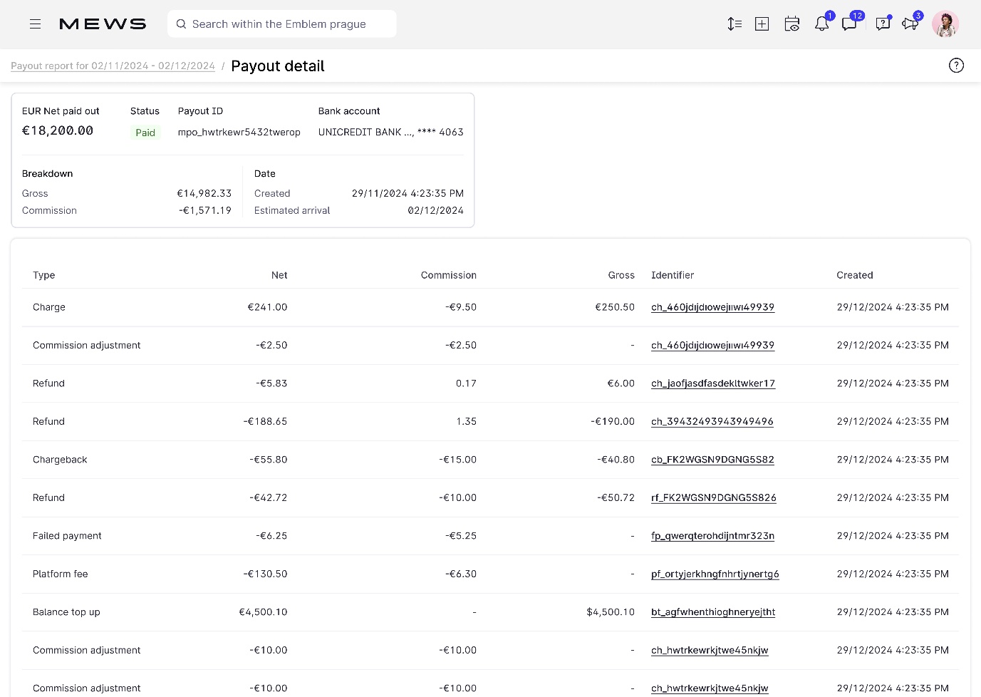 Screenshot of the payout detail report.