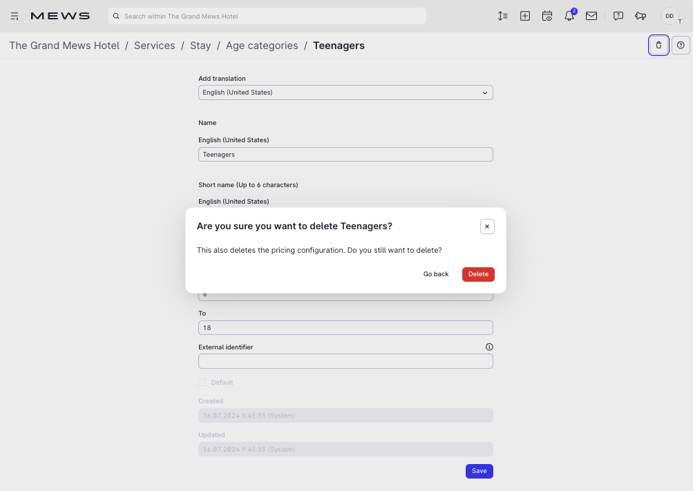 Screenshot des Bestätigungsdialogs beim Löschen einer Alterskategorie in Mews Operations