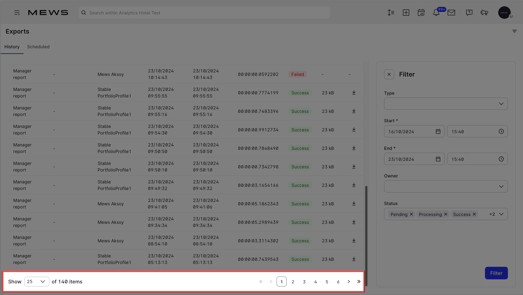 Exports screen - History tab
