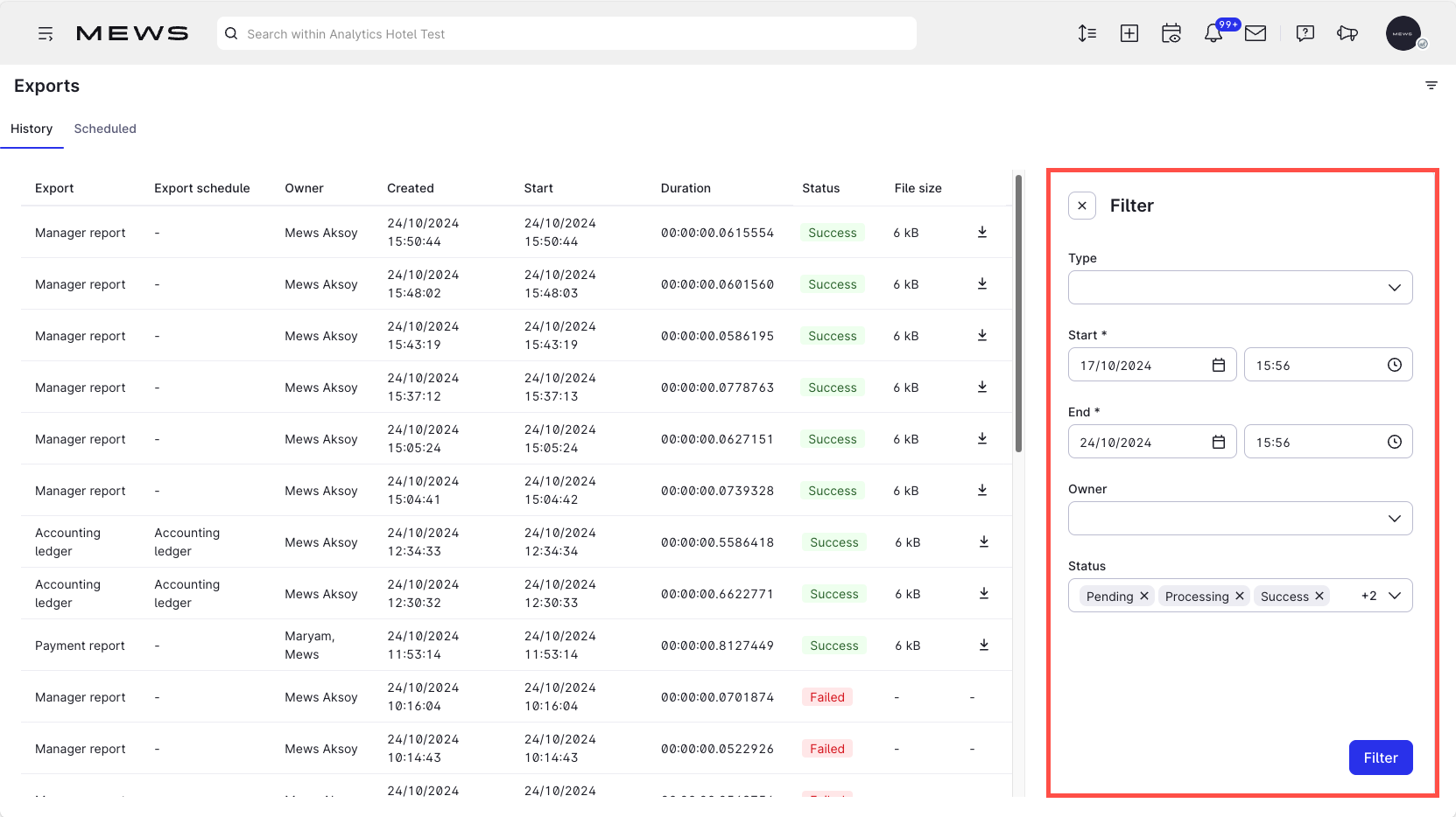 Exports screen - Filter panel