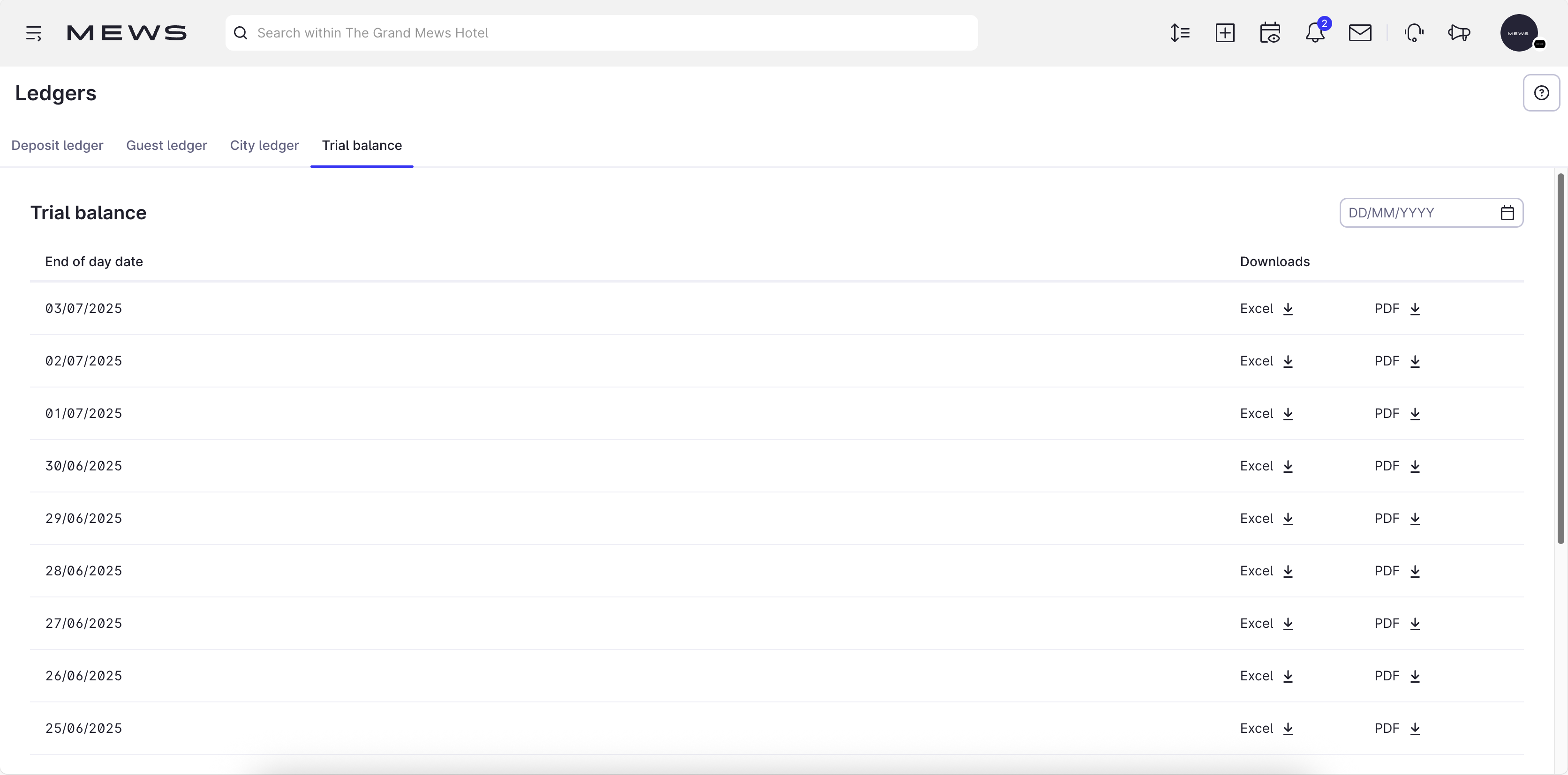 The Trial balance screen