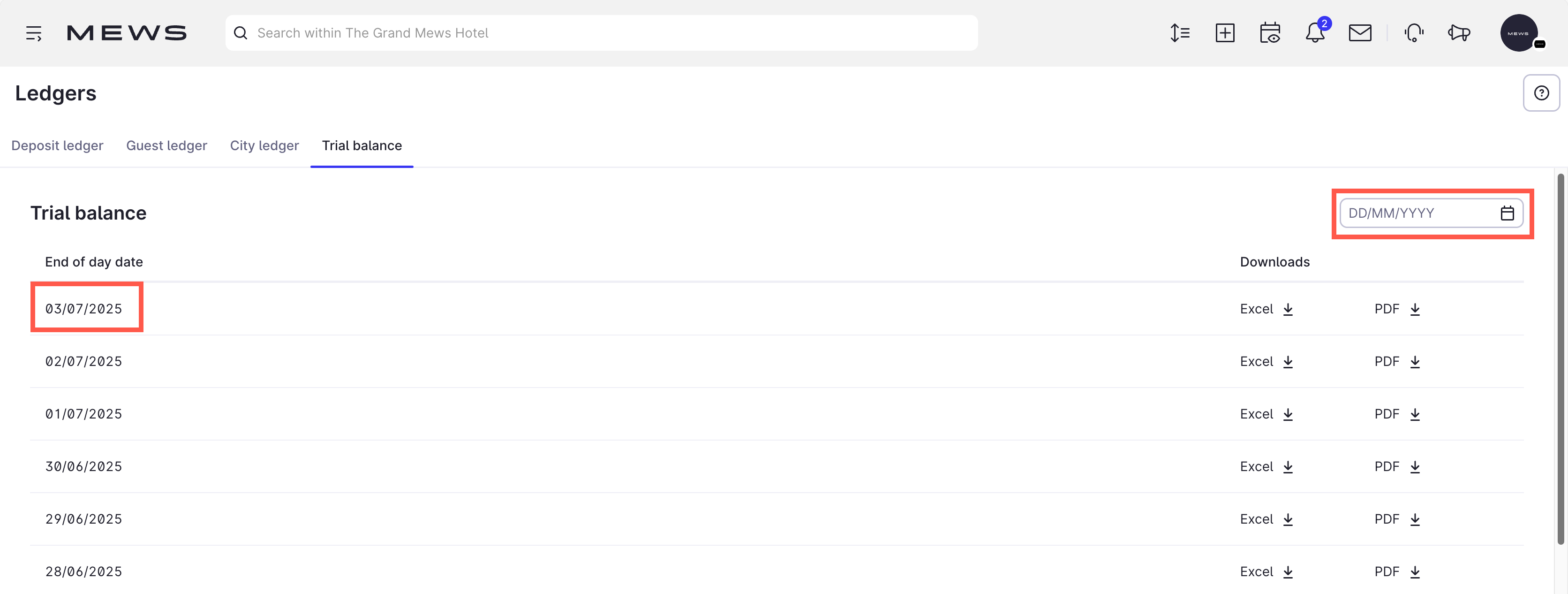date picker highlight on trial balance