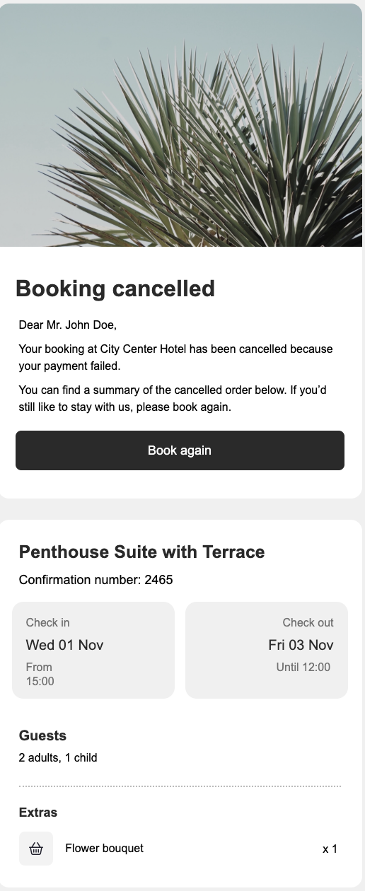 E-mail de réservation abandonnée, contient un message indiquant que la réservation a été annulée en raison d'un échec de paiement et comporte un lien vers Mews Booking Engine.