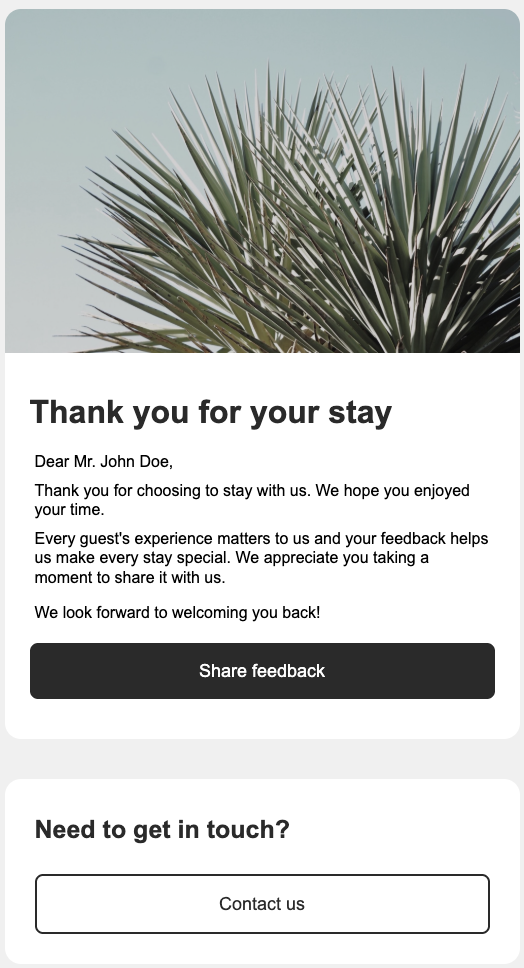 E-mail envoyé après le check-out, contient un message de remerciement et un lien vers une page de commentaires.