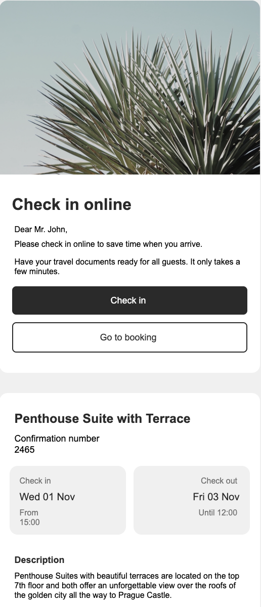 Rappel de check-in en ligne, contient un message rappelant de procéder au check-in en ligne et comporte un lien vers le Mews Guest Portal.
