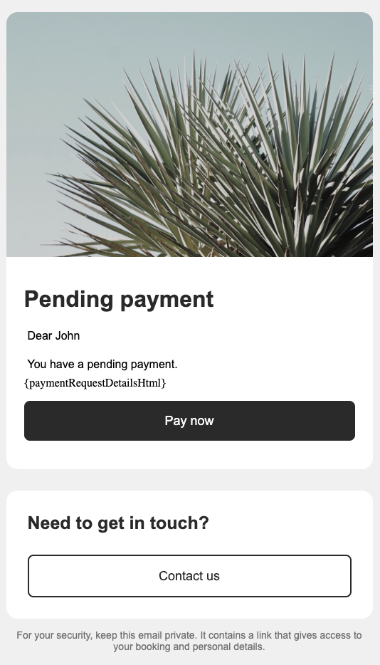 E-mail de demande de paiement créée, contient un message informant le client qu'il a un paiement en attente et comporte un lien vers le Mews Guest Portal.