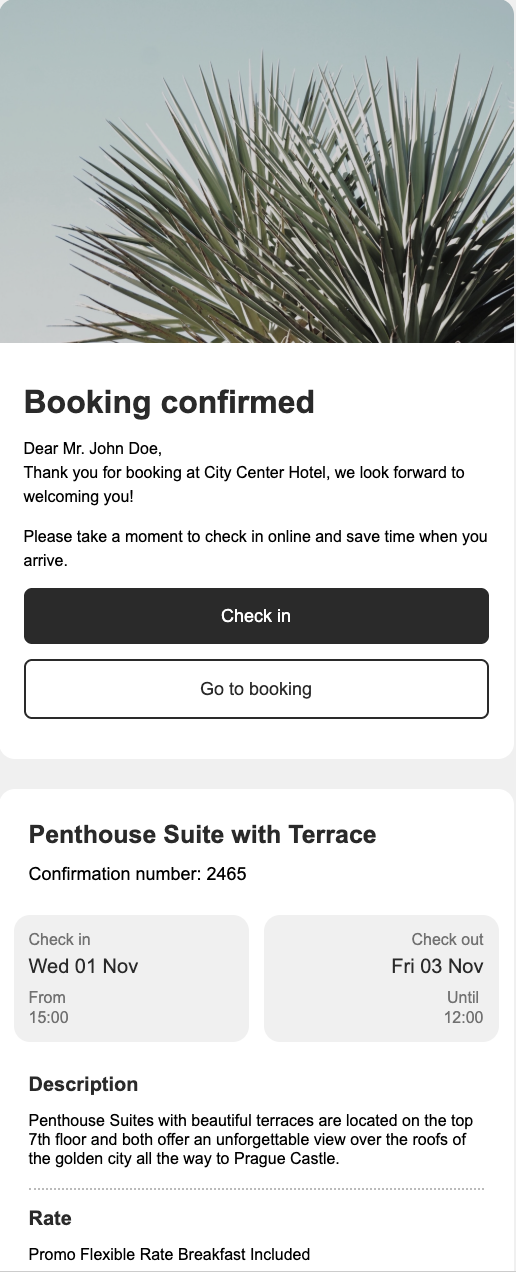 E-mail de confirmation, contient un message de confirmation et un lien pour effectuer son check-in en ligne sur le Mews Guest Portal.