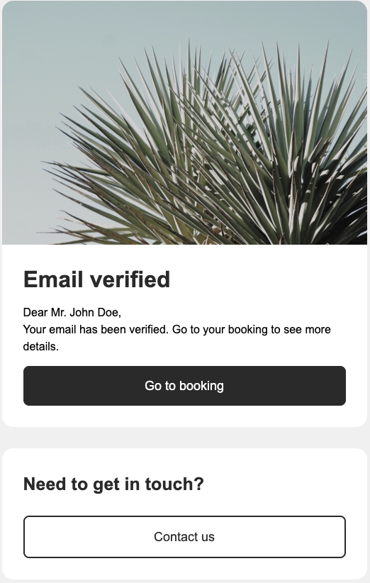 E-mail d'e-mail client vérifié, contient un message de vérification et un lien vers le Mews Guest Portal.