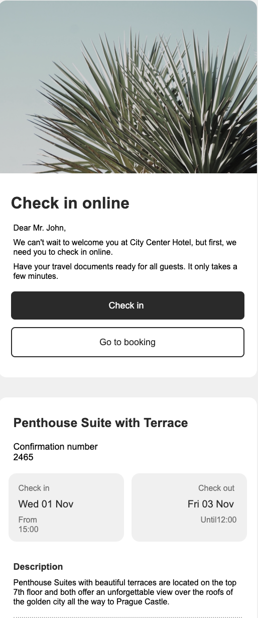 E-mail de check-in en ligne, contient un message de bienvenue et les détails de la réservation. Il comporte un lien permettant d'effectuer son check-in en ligne dans le Mews Guest Portal.