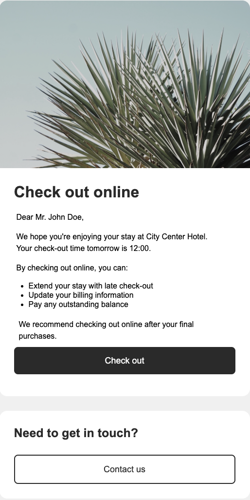 E-mail de check-out en ligne, contient des informations sur le check-out et un lien pour effectuer le check-out dans le Mews Guest Portal.