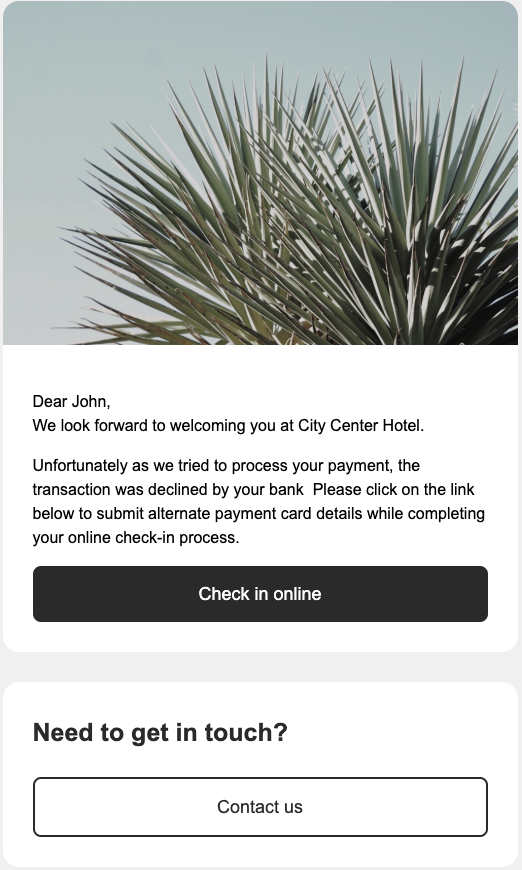 E-mail de paiement échoué, contient un message concernant l'échec du paiement par carte et un lien vers le Mews Guest Portal pour ajouter les informations d'une nouvelle carte.