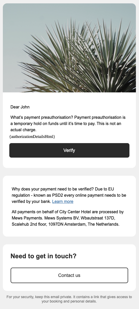 E-mail de vérification de la méthode de paiement nécessaire, contient un message invitant le client à vérifier la préautorisation de sa carte.