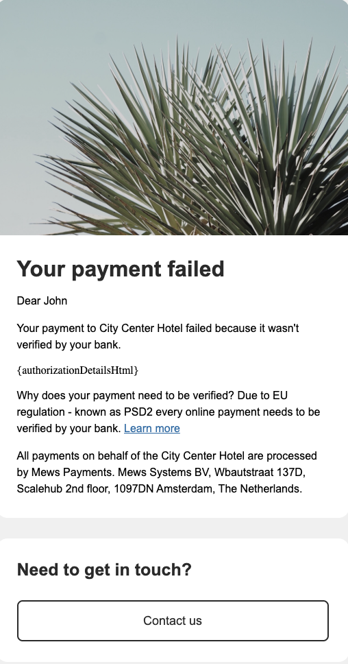 E-mail échec de la vérification du paiement, contient un message concernant l'échec de la vérification du paiement.