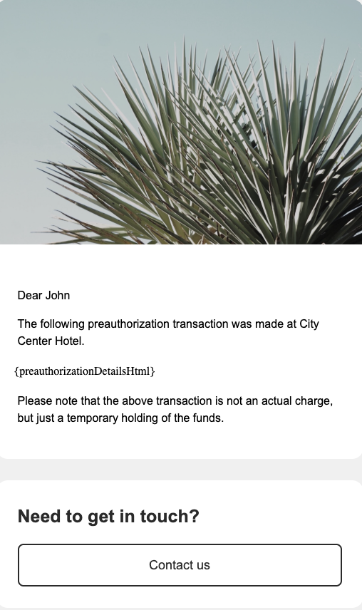 E-mail de préautorisation réussie, contient un message concernant la préautorisation réussie d'une carte de paiement.