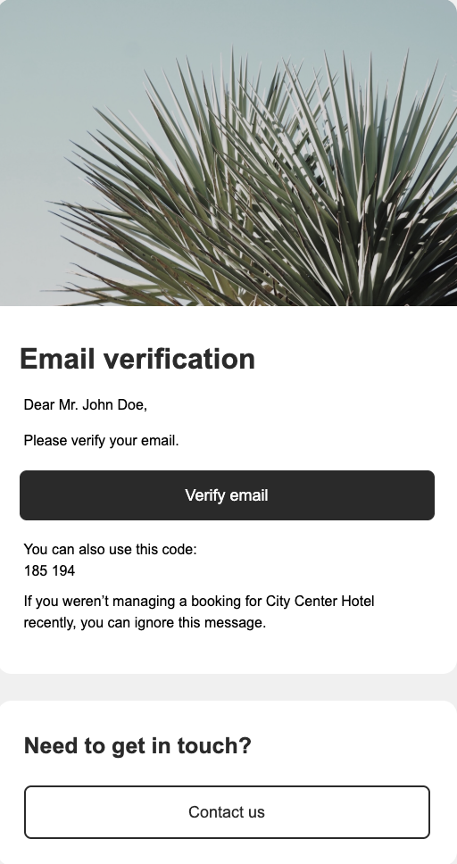 E-mail de code de vérification, contient un message avec un code ou un lien de vérification.