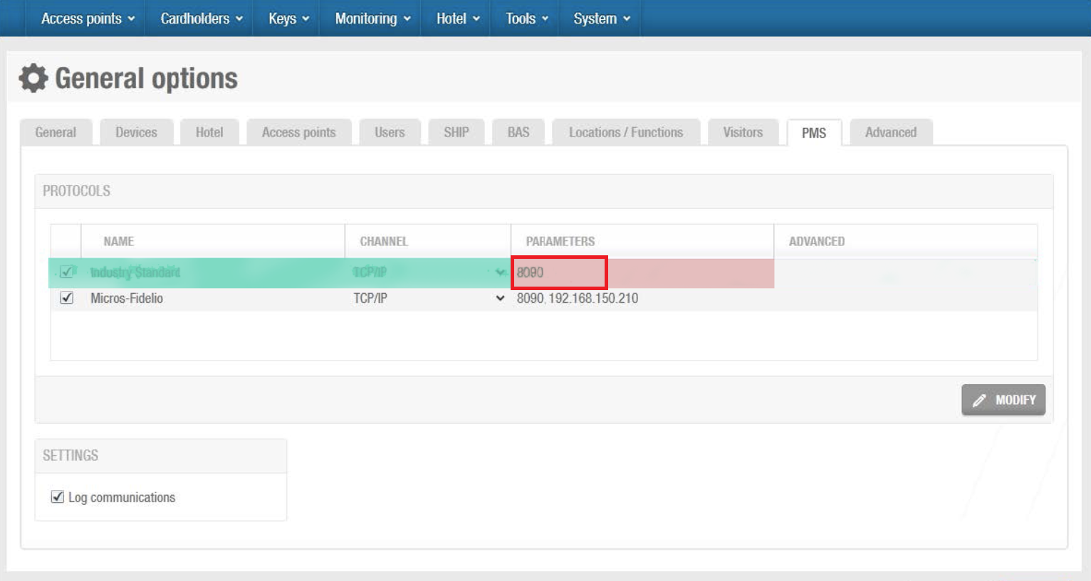 Salto ProAccess screenshot showing General options > PMS > Protocols