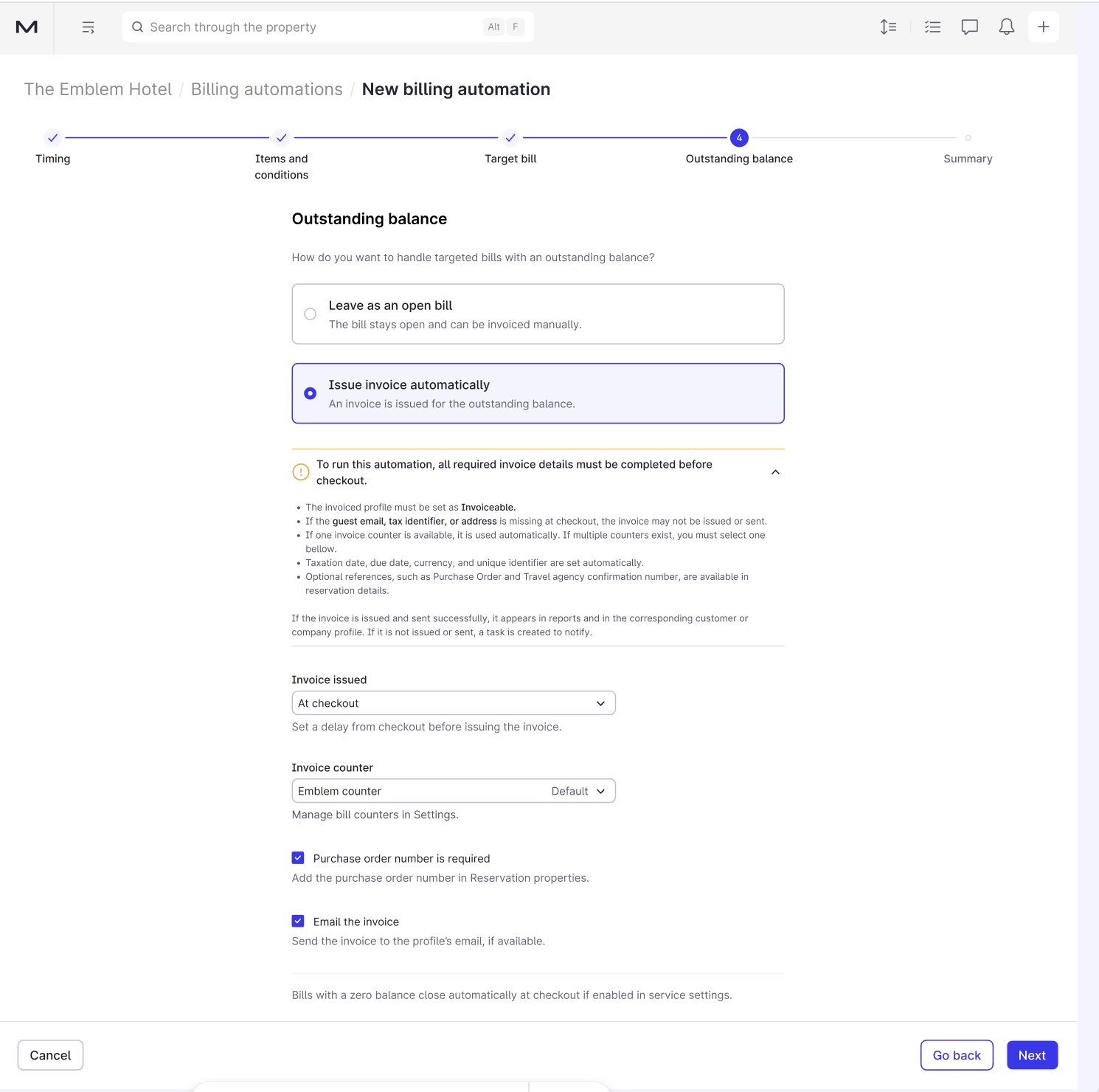 Nouvel écran d'automatisation de la facturation dans Mews Operations