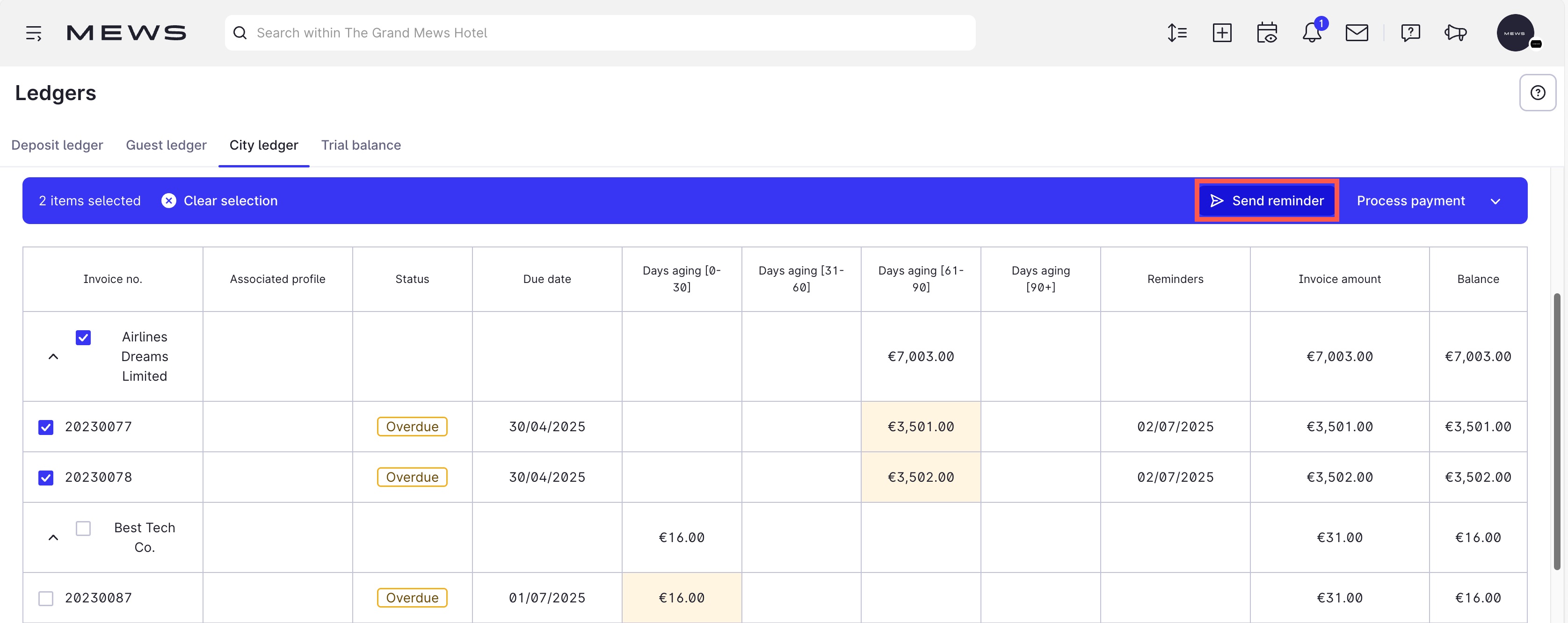 A screenshot of the city ledger. One invoice is selected with a checkbox. Above the ledger, a blue banner confirms the selection of an invoice. There is a Send reminder button with a paper airplane icon highlighted.